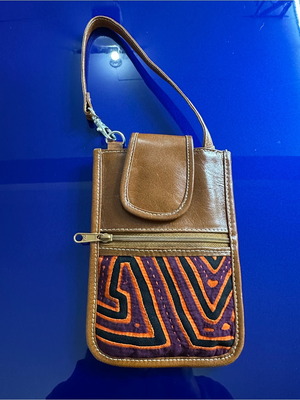 Arte Kuna Brown Leather Wristlet Clutch with Orange & Purple Embroidery